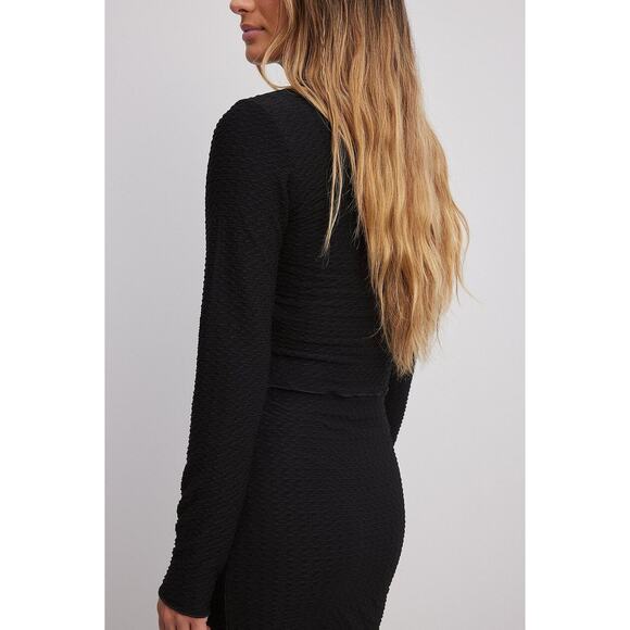 NA-KD Womens Structure Knit High Neck Cropped Top XXS Black Long Sleeve Stretch - Picture 3 of 12